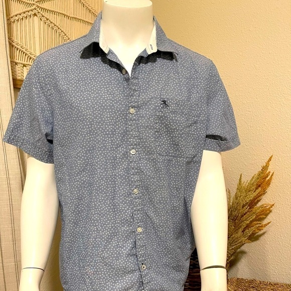 Original Penquin Heritage Slim Fit Button Down Collared Shirt Blue/white print. - Picture 1 of 7